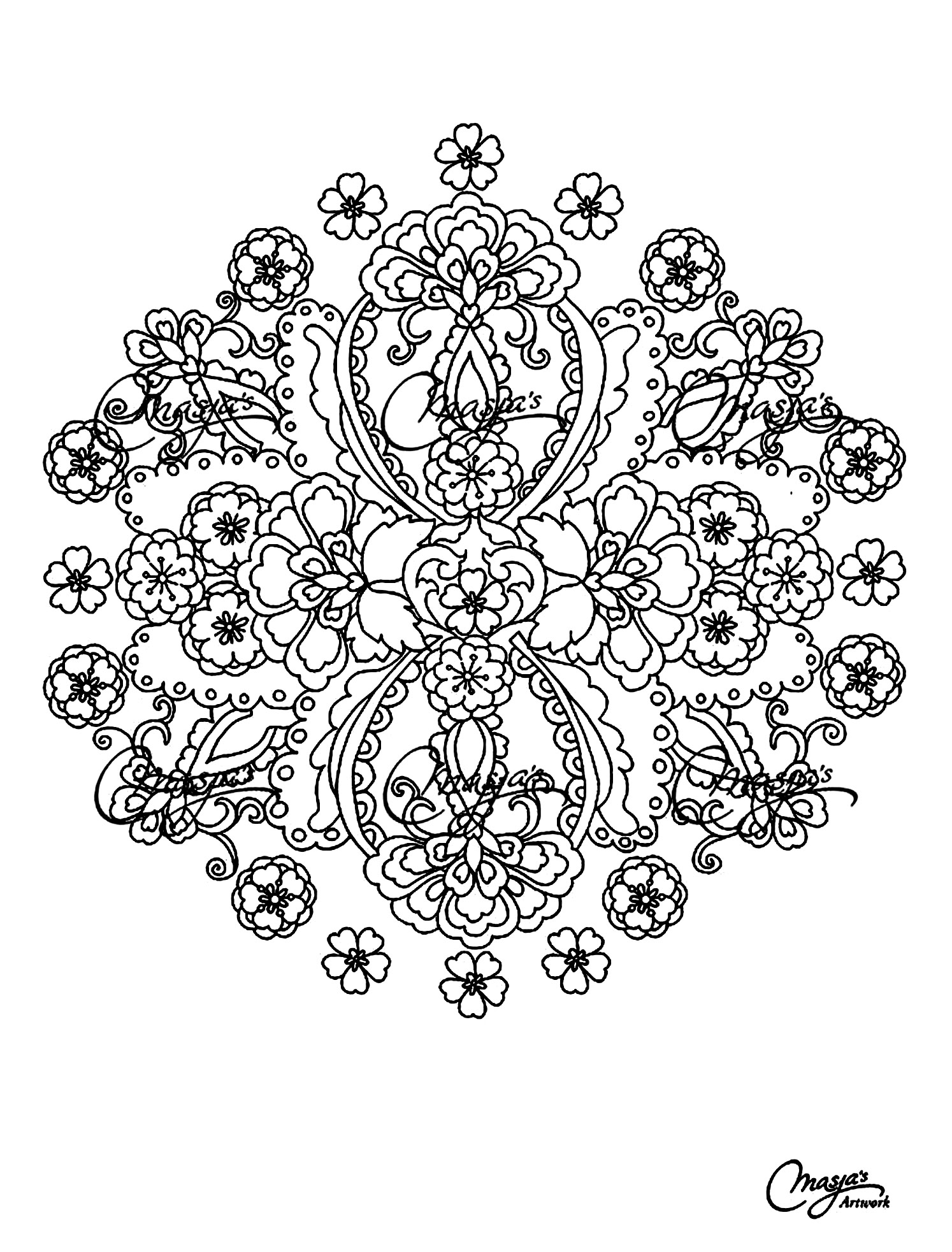 Elegant Mandala coloring page with flowers and vegetal patterns. Mandalas offer balancing visual elements, symbolizing unity and harmony.